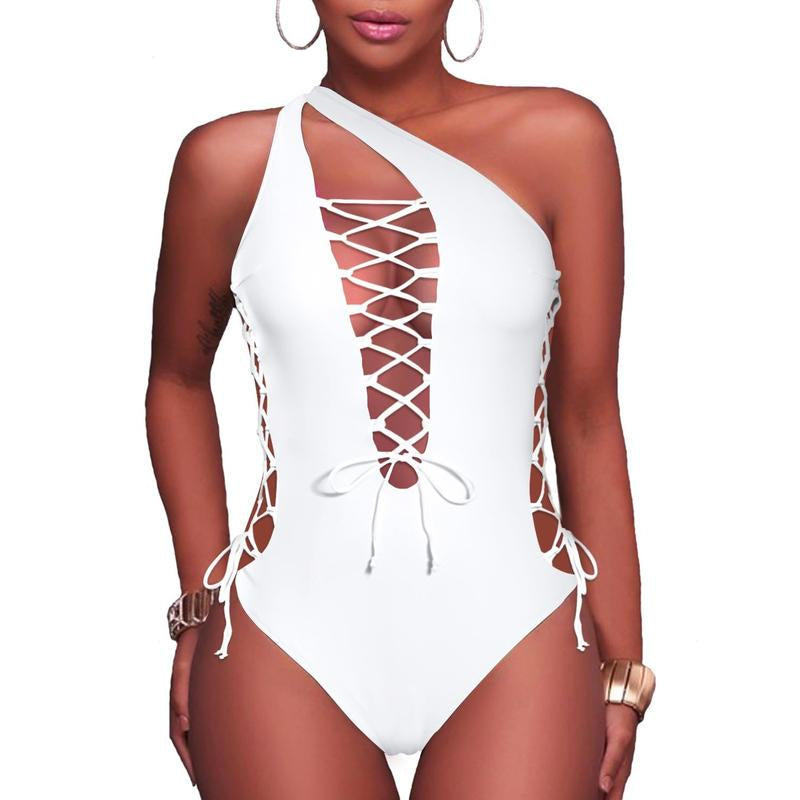 Holipick Women Sexy One Piece Swimsuit One Shoulder Bathing Suit Lace up Swimwear