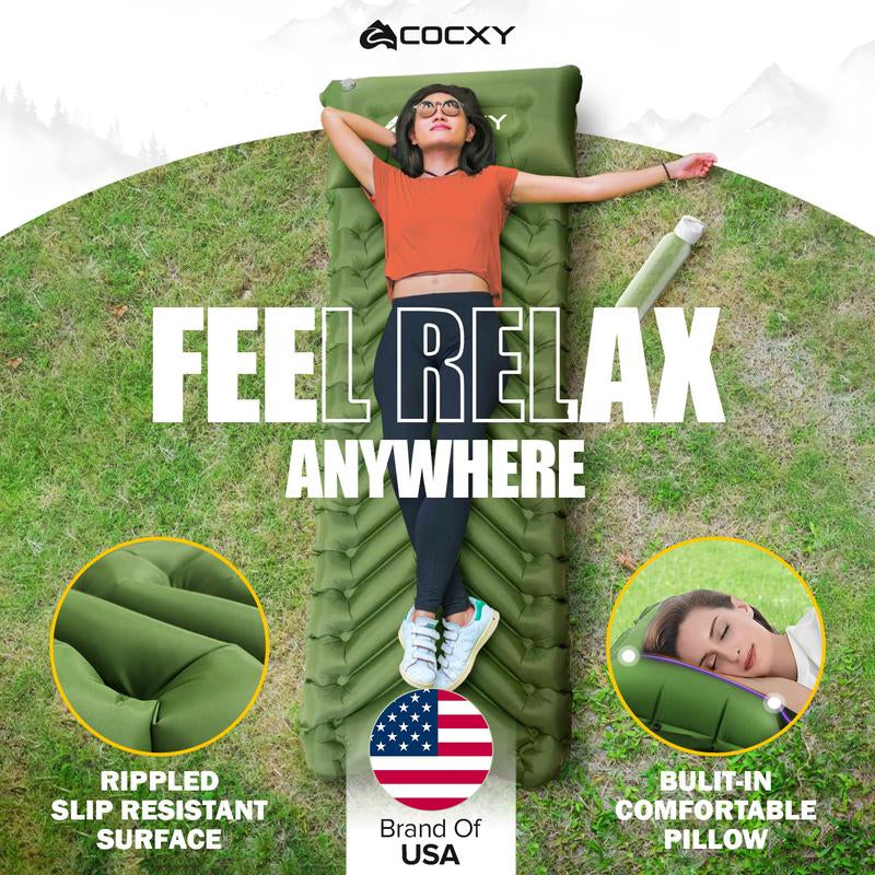 COCXY Sleeping Pad for Camping Ultralight Inflatable Sleeping Mat with Pillow & Built-In Foot Pump, Self Inflating for Traveling Backpacking, Hiking Air Mattress