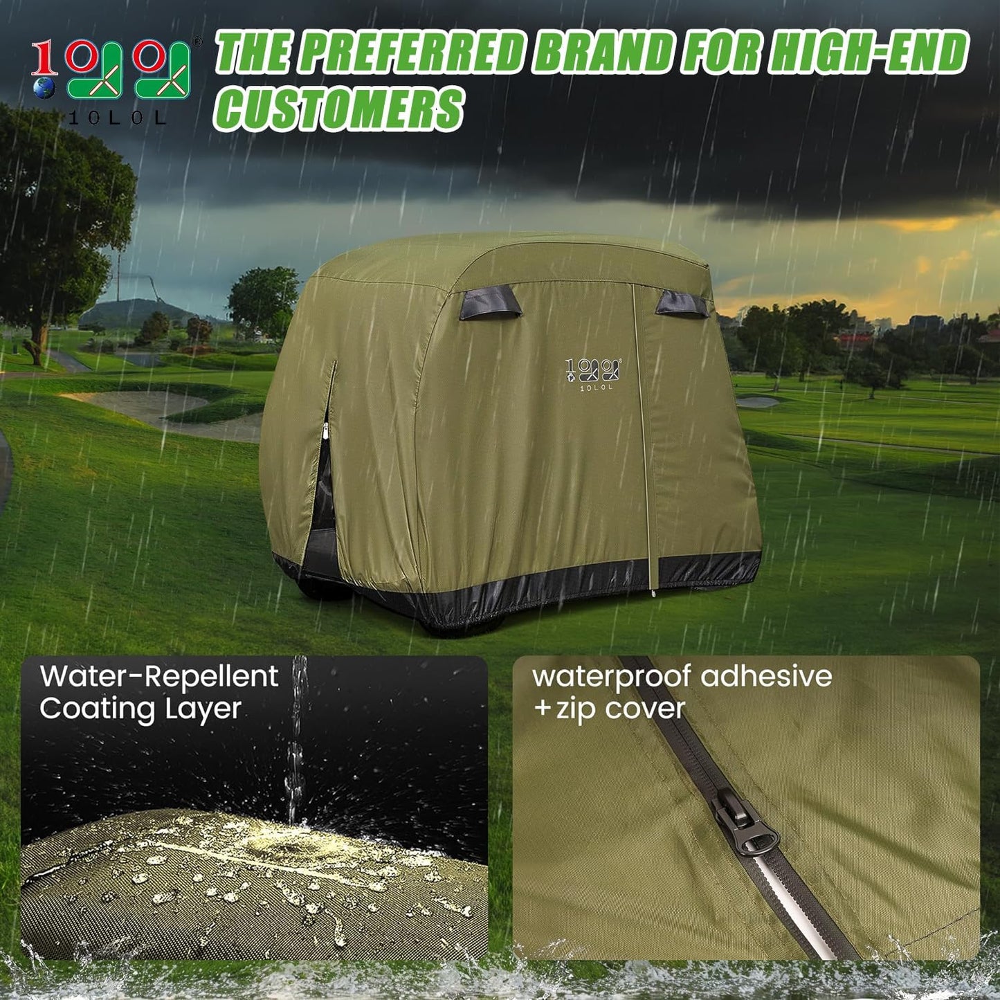 2/4 Passenger Golf Cart Cover Fits for Yamaha EZGO Club Car, 420D Waterproof Durable Polyester Golf Cart Cover with Three Zipper Doors Windproof Sunproof - Black/Army Green/Sliver