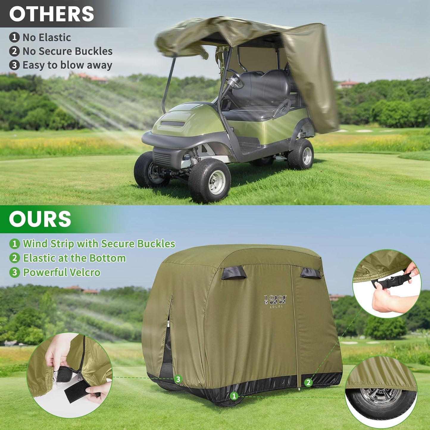 2/4 Passenger Golf Cart Cover Fits for Yamaha EZGO Club Car, 420D Waterproof Durable Polyester Golf Cart Cover with Three Zipper Doors Windproof Sunproof - Black/Army Green/Sliver