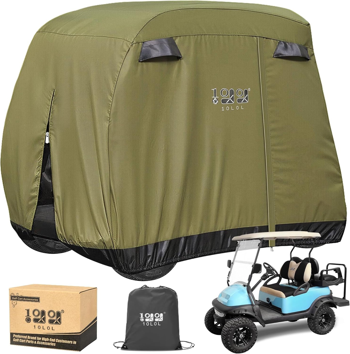2/4 Passenger Golf Cart Cover Fits for Yamaha EZGO Club Car, 420D Waterproof Durable Polyester Golf Cart Cover with Three Zipper Doors Windproof Sunproof - Black/Army Green/Sliver