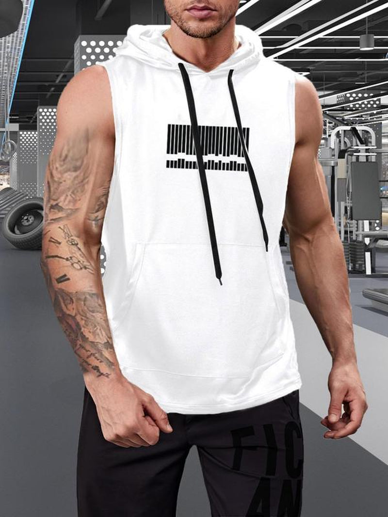 Men'S Graphic Drawstring Hooded Sports Tank Top, Regular Fit Sleeveless Sweat Activated Sports Top, Summer Outfits 2024, Men'S Sportswear Clothing