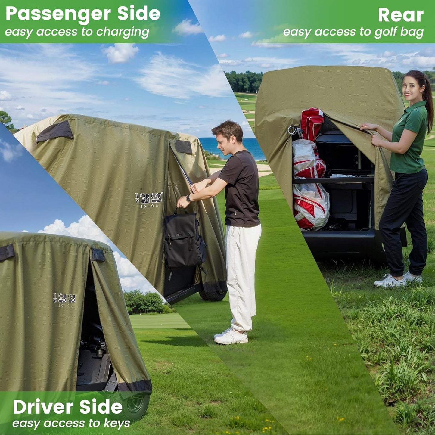 2/4 Passenger Golf Cart Cover Fits for Yamaha EZGO Club Car, 420D Waterproof Durable Polyester Golf Cart Cover with Three Zipper Doors Windproof Sunproof - Black/Army Green/Sliver