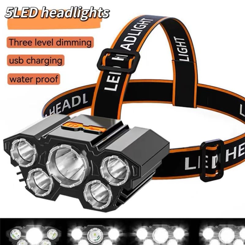 Headlamp Rechargeable, 800Lm Ultra Bright 5 LED Headlight Flashlight, USB Rechargeable Portable Headlamps, Waterproof Forehead Flashlight with 3 Modes Light for Outdoors Camping Hunting Hiking Fishing Reading Hard Hat