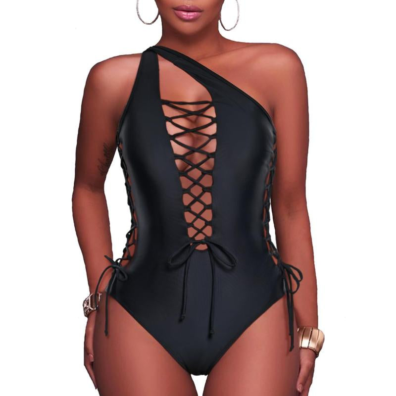 Holipick Women Sexy One Piece Swimsuit One Shoulder Bathing Suit Lace up Swimwear