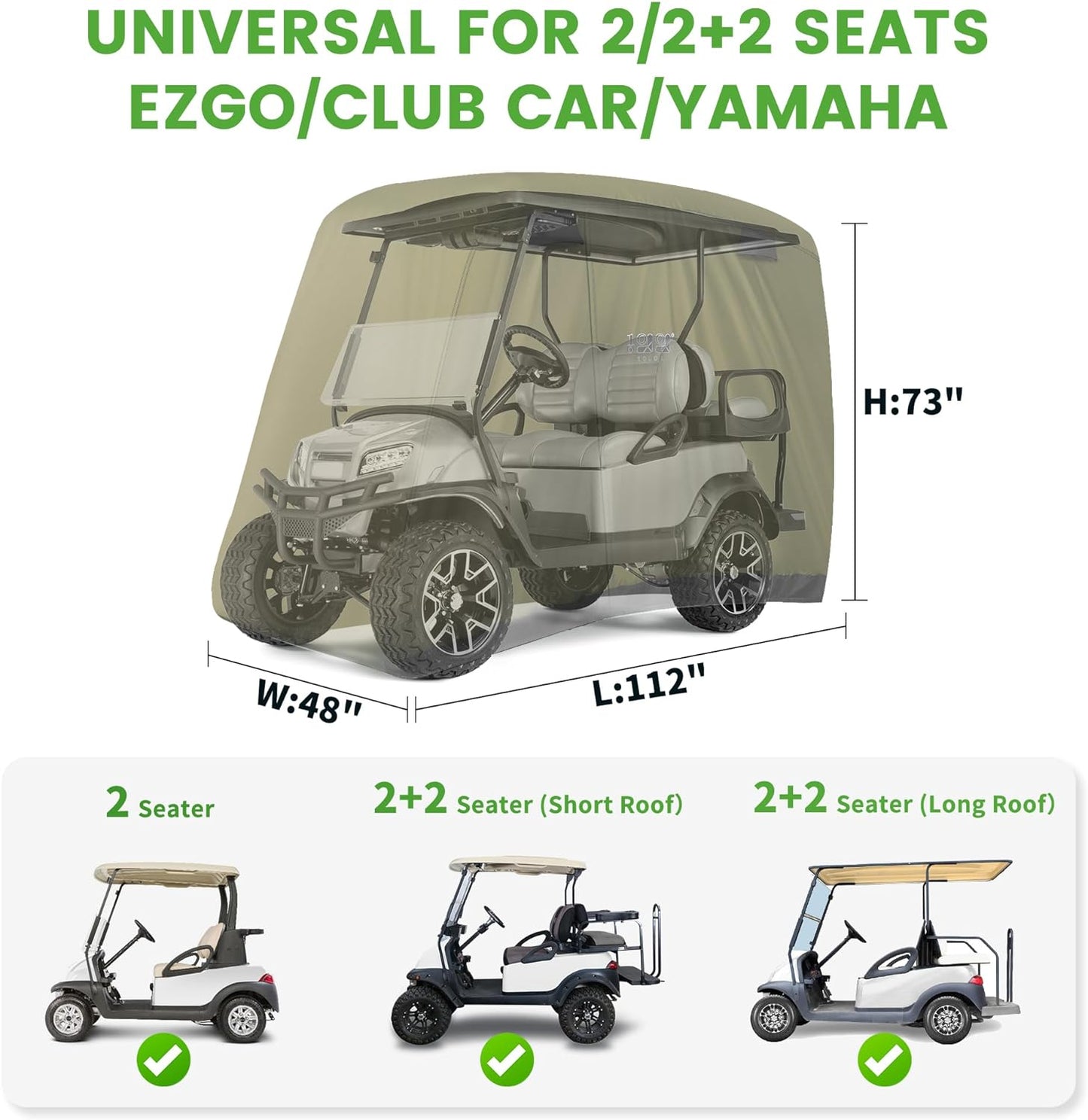 2/4 Passenger Golf Cart Cover Fits for Yamaha EZGO Club Car, 420D Waterproof Durable Polyester Golf Cart Cover with Three Zipper Doors Windproof Sunproof - Black/Army Green/Sliver