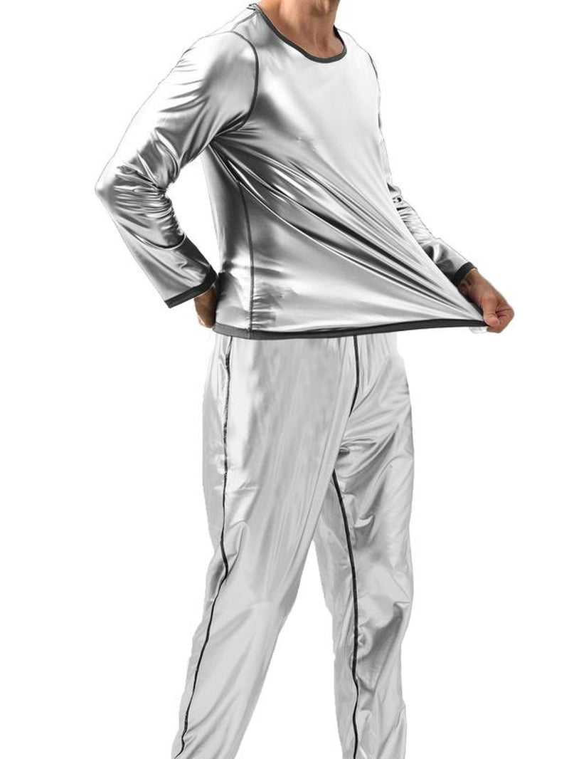 Men's Solid Long Sleeve Tee and Elastic Waist Pants Sauna Suit Set - Sportswear for Gym Workouts and Running, Men's Tracksuits and Outdoor Clothing, Fall 2024 Collection