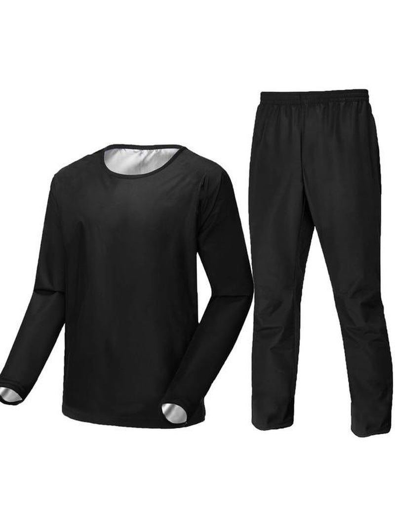 Men's Solid Long Sleeve Tee and Elastic Waist Pants Sauna Suit Set - Sportswear for Gym Workouts and Running, Men's Tracksuits and Outdoor Clothing, Fall 2024 Collection