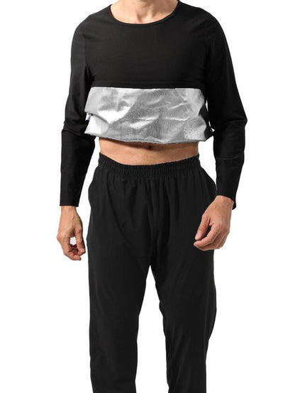 Men's Solid Long Sleeve Tee and Elastic Waist Pants Sauna Suit Set - Sportswear for Gym Workouts and Running, Men's Tracksuits and Outdoor Clothing, Fall 2024 Collection